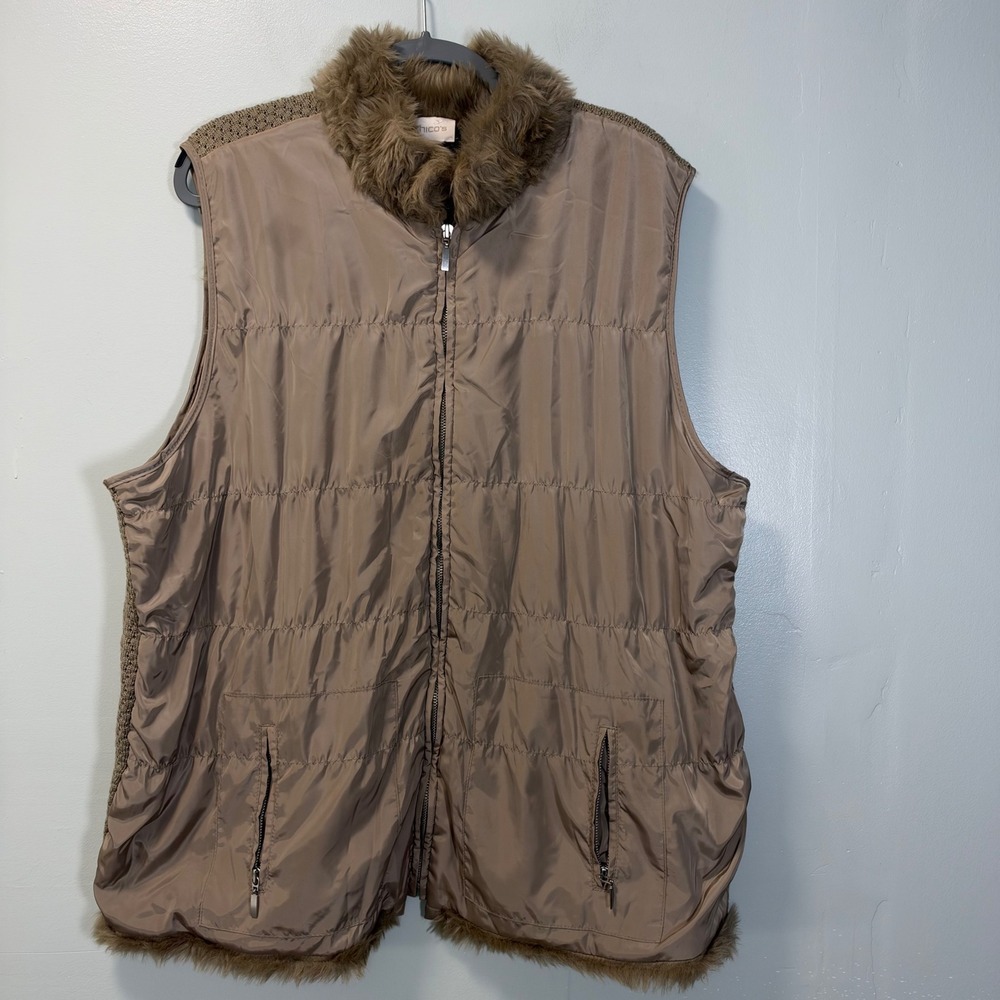 Chicos Reversible Faux Fur Puffer Vest Tan Knit Back XL